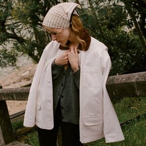 NWT Doen Pascual Cotton Denim Jean Corduroy Collar Button Barn Jacket Salt White